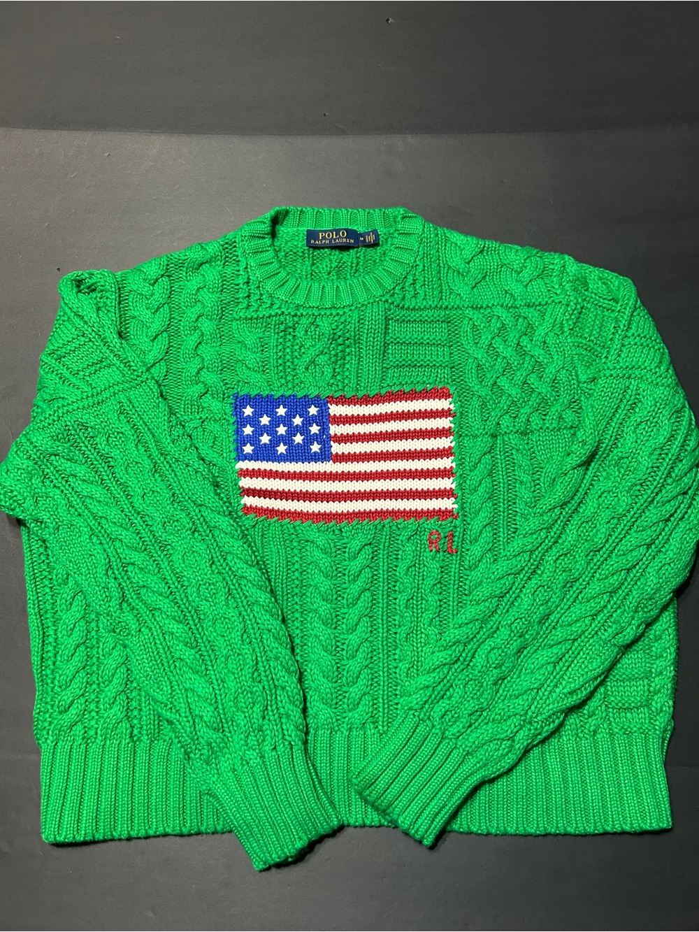 Vintage Polo by Ralph Lauren Green Cable Knit Crewneck with American Flag